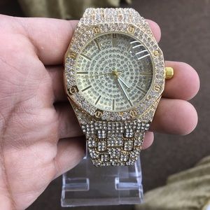 Iced out CZ diamond stainless steel watch gold ton